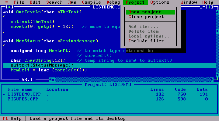 Borland C++ Editor on a DOS based computer