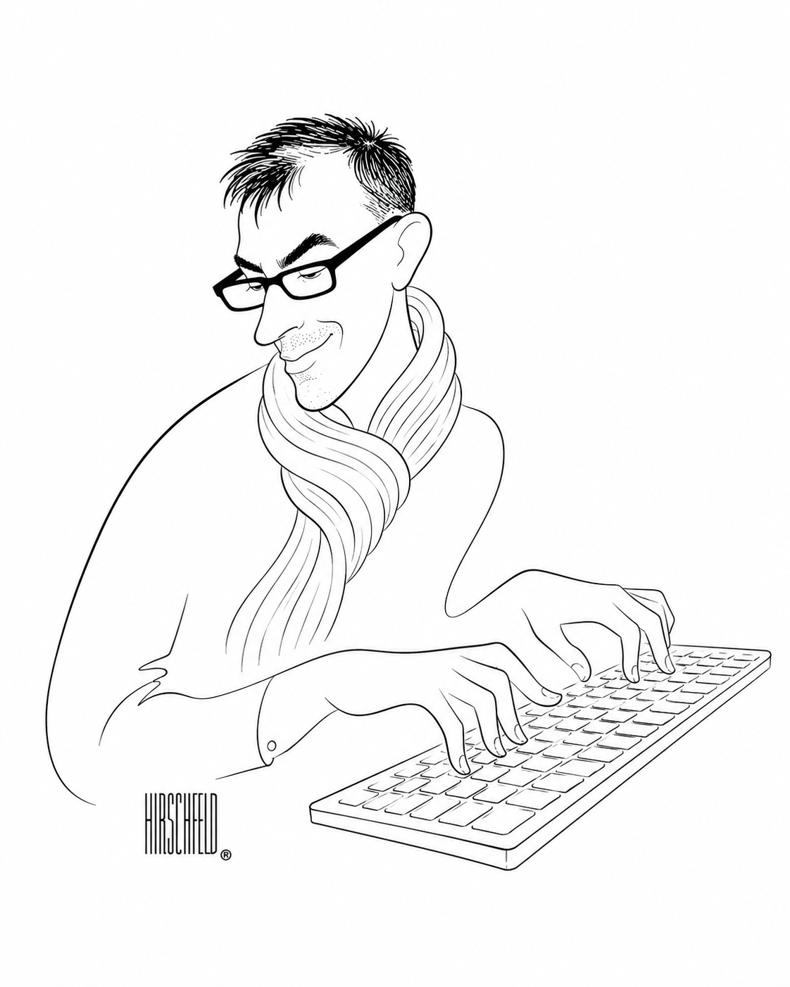 Chris Peak imagined as an Al Hirschfeld cartoon