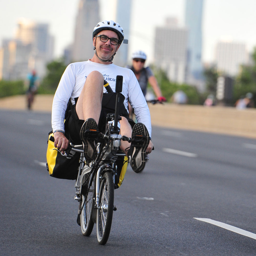 Me riding my Linear SWB Recumbent in Chicago, IL